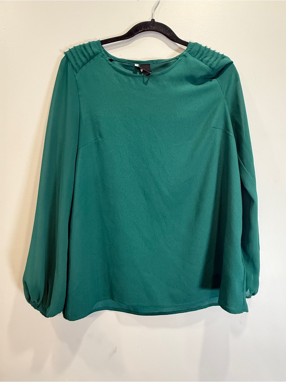 H&M Teal Green Long-Sleeve Blouse with Pleated Shoulder Detail